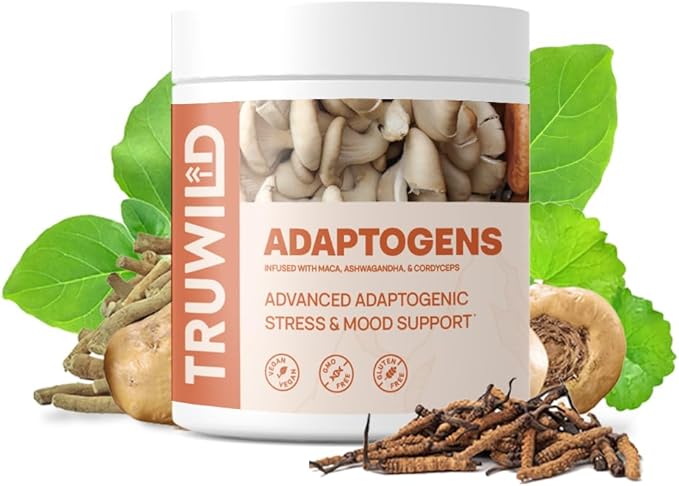 TruWild Adaptogen Blend with Cordyceps Maca Ashwagandha - Full Spectrum Mushroom Blend for Daily Support and Function All Natural Formula with 7 Key Ingredients 60 Capsules
