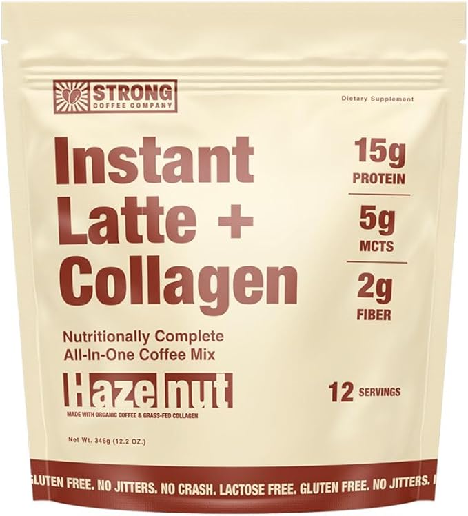 Strong Coffee Co. Hazelnut Instant Latte | Organic Coffee with 15g Collagen Protein | Lion’s Mane &amp L-Theanine | Nootropic Instant Coffee | 12 Servings