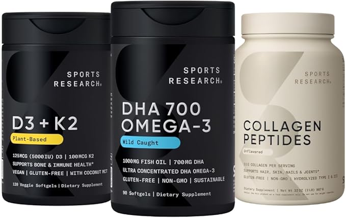 Sports Research® Multivitamins Pack - DHA Omega-3 Fish Oil 700 mg + Vitamin D3 + K2 5000iu + Collagen Peptides Type 1 &amp 3 Powder