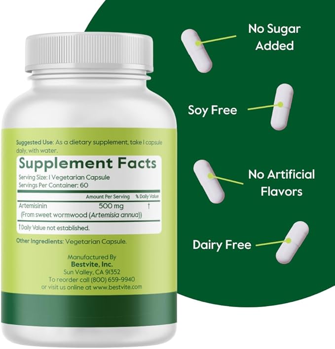 BESTVITE Artemisinin 500mg per Capsule (60 Vegetarian Capsules) - No Stearates - No Flow Agents - No Fillers - Vegan - Gluten Free - Non GMO