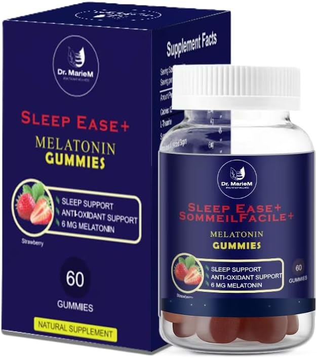 Sleep Ease+ Melatonin Gummies – 6 mg Melatonin for Deep Restful Sleep and Relaxation – Antioxidant Support – Strawberry Flavor – 60 Gummies