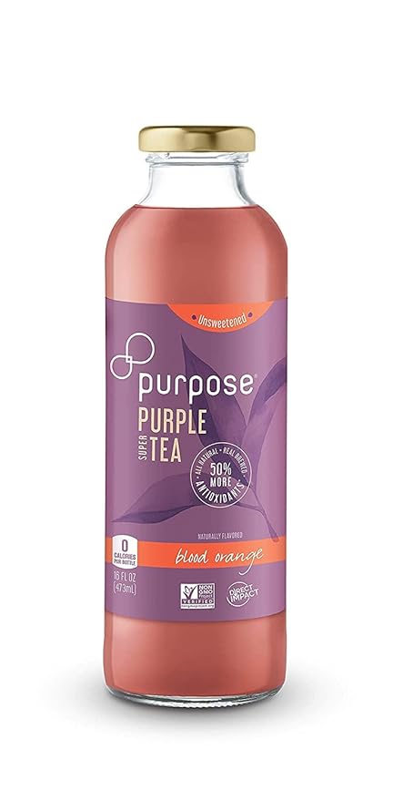 Purpose Tea Blood Orange - Bottled Iced Tea All Natural Brewed Organic Purple Leaves Unsweetened Pure Non-GMO High in Antioxidants and Anthocyanins Healthy Drinks - 16 oz (Pack of 12)