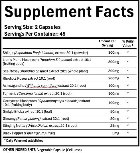 Adndale Shilajit for Men and Women. Pure Himalayan Organic Shilajit Capsules with Sea Moss Ashwagandha Rhodiola Rosea Lion’s Mane. 90 Count