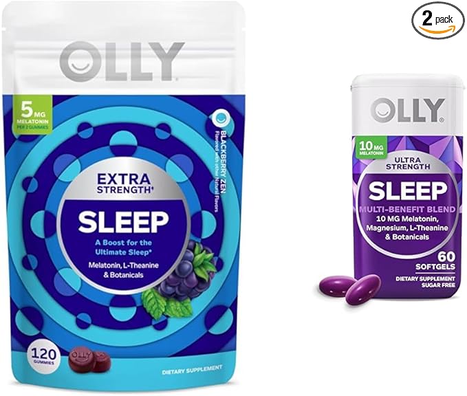 OLLY Melatonin Sleep Gummies and Softgels Bundle with Chamomile Lemon Balm 120 Count Gummies 60 Count 10mg Melatonin Softgels