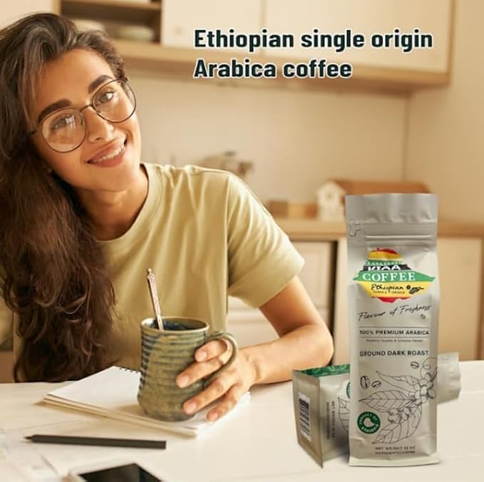 KIAA Ethiopian Premium Ground Dark Roast - 12oz 100% Organic Arabica Full-Bodied Bold Flavor Rich &amp Smooth Perfect for Espresso French Press &amp Drip Brewing Freshly Roasted