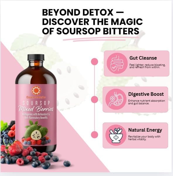 Essence Herbs Soursop Bitters Liquid with Mixed Berries Gut &amp Digestive Support Antioxidant Herbal Supplement with Soursop Leaves Moringa Black Seed &amp Turmeric 16 fl oz
