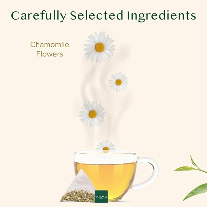 VAHDAM Chamomile Herbal Tea (100 Pyramid Tea Bags) Resealable Ziplock Pouch | Caffeine Free Non GMO Gluten Free | 100% Pure Tisane - Sweet &amp Floral | Made With Natural Chamomile Flowers