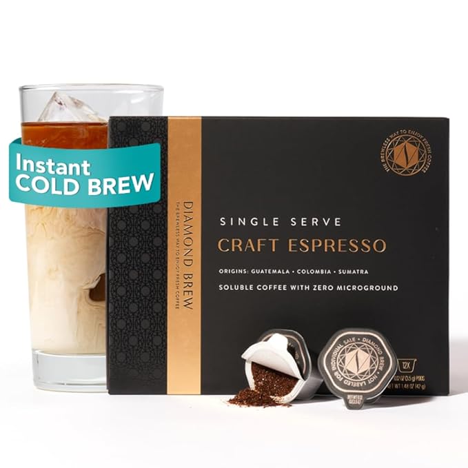 Luxury Instant Espresso - 160mg Caffeine Hot or Iced Instant Coffees Cold Brew Coffee Double Shot Espresso 12 Counts 100% Arabica Sugar Free No Additives - Original Diamond Brew
