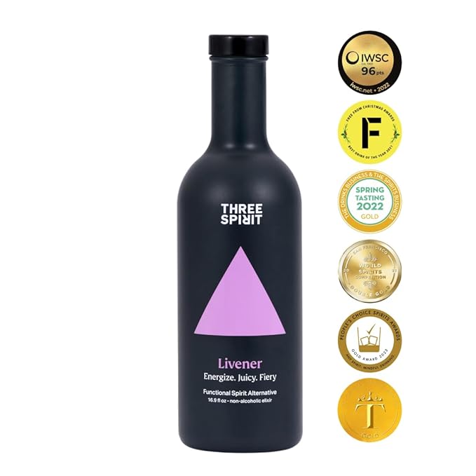Three Spirit Non-Alcoholic Alternative Spirit- The Livener 50cl | Energizing with Natural Caffeine ADAPTOGENS &amp Watermelon &amp Ginger | Multi-Award Winning Active botanical Gluten Free &amp