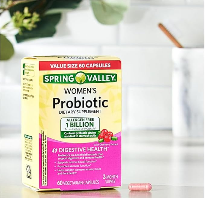 Spring Valley Women's Probiotic Dietary Supplement Vegetarian Capsules for Digestive Health Cranberry 60 Count Value Size + Daily Supplement Tracker Sticker