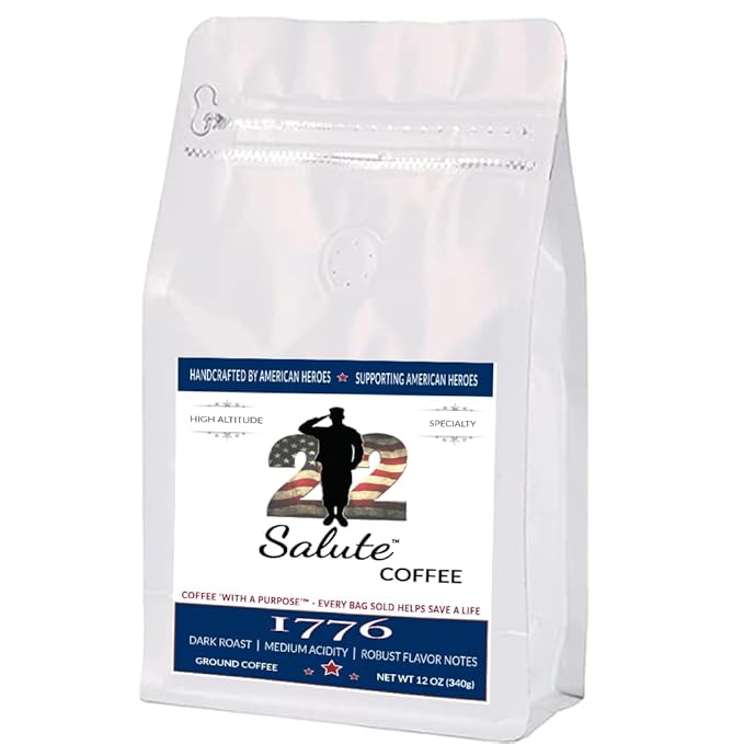 22 Salute 1776 Ground Coffee Dark Roast Bold Flavor Notes Medium Acidity 100% Specialty Arabica Coffee 12oz Bag