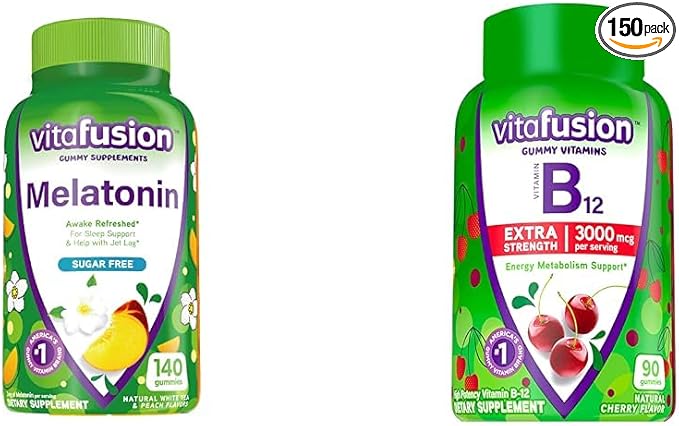 Vitafusion Melatonin 140 Count and Vitamin B12 Gummy Vitamins 90 Count Cherry Flavor for Energy Metabolism and Nervous System Support