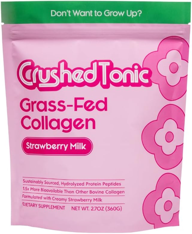 Crushed Tonic Korean Beauty Collagen Powder | Hydrolyzed Bovine Collagen Peptides for Skin Glow Hair &amp Nails | K-Beauty Drink | Gluten-Free Halal &amp Kosher (Strawberry 30 Servings (150 g) P