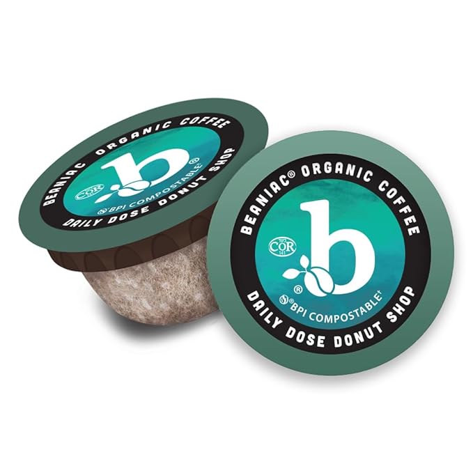beaniac Organic Daily Dose Donut Shop Light Roast Single Serve Compostable K Cup Coffee Pods Organic Arabica Coffee Keurig Brewer Compatible 30 Count