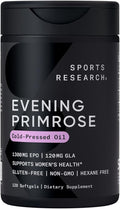 Sports Research Evening Primrose Supplement from Cold Pressed Oil - Softgels for Women’s Health &amp Skin Health - Gluten Free &amp Non-GMO GLA - High Potency 1300mg 120 Count