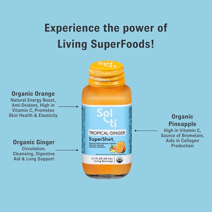 Sol-ti Organic Tropical Ginger SuperShot Drink Aids in Collagen Production and Promotes Skin Elasticity SuperFood Cold-Pressed Fruit Juice Blend 12 Pack (2.1 Fl oz)