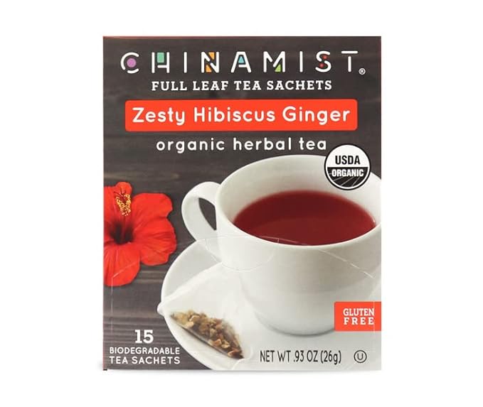 China Mist Zesty Hibiscus Ginger Organic Herbal Tea 15 tea satchets (6-pack)
