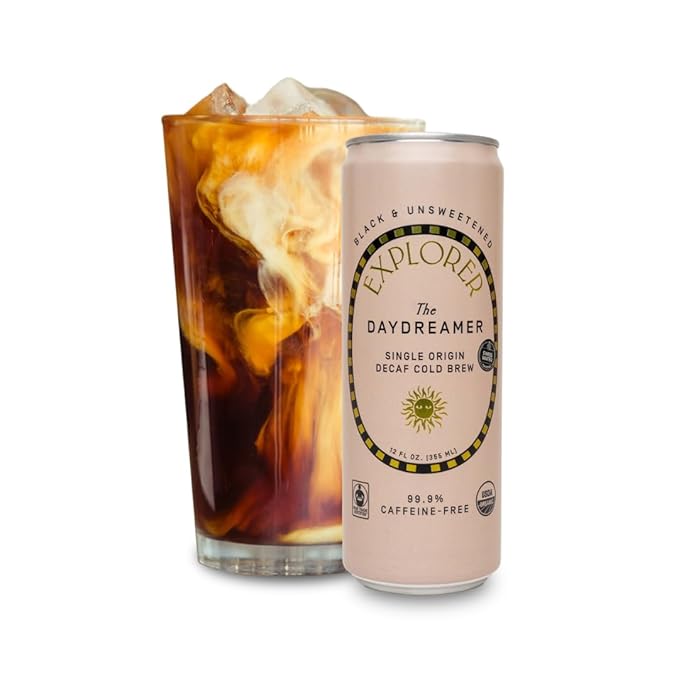 Explorer Daydreamer Ready-to-Drink Organic Cold Brew Decaf Coffee 99.9% Caffeine-Free Black Unsweetened and Fair Trade 12 fl oz (Pack of 12)