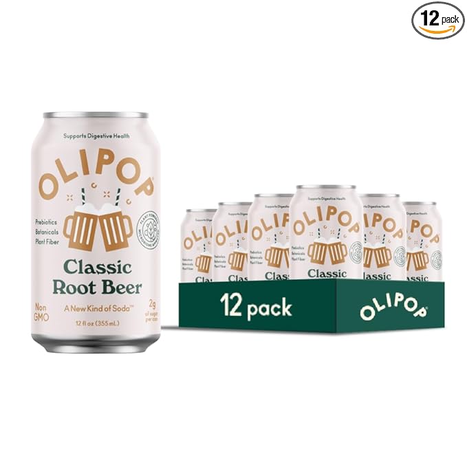 OLIPOP Prebiotic Soda Pop Classic Root Beer A New Kind of Soda Packed with Prebiotics Fiber and Botanicals Gluten Free GMO Free 12oz (12-Cans)