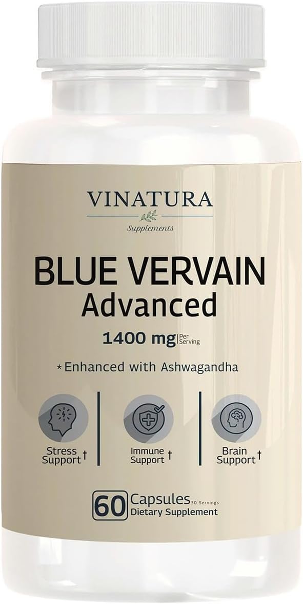 VINATURA Blue Vervain Advanced with Ashwagandha - 1400mg per serv Blue Vervain Capsules Blue Vervain Tea Alternative Brain Health Stress Relief Ashwagandha Supplements - 60 Capsules