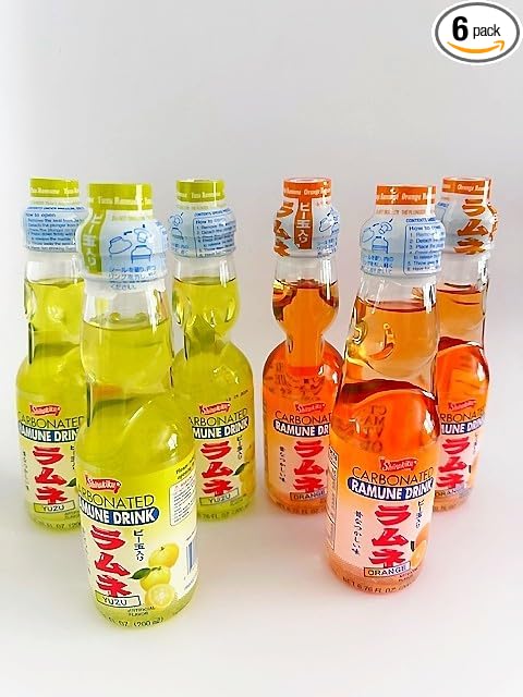 Ramune Japanese Carbonated Soda Drink Variety Pack 6 Bottles Yuzu and Orange Flavors