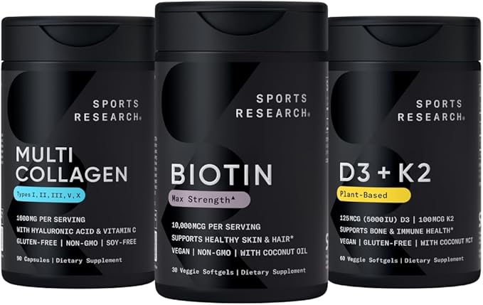 Sports Research® Supplements for Women Pack - Biotin 10000mcg + Multi Collagen Pills Collagen Peptides (Type I II III V X) Enhanced with Hyaluronic Acid &amp Vitamin C + Vitamin D3 + K2 5000iu