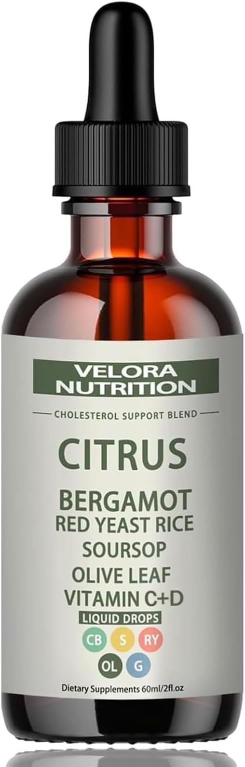 velora Red Yeast Rice Cholesterol Cleans Drops with Citrus Bergamot Red Yeast Rice Soursop Olive Leaf Vitamin C+D Natural Non-GMO Vegan 2 fl oz (1pc)