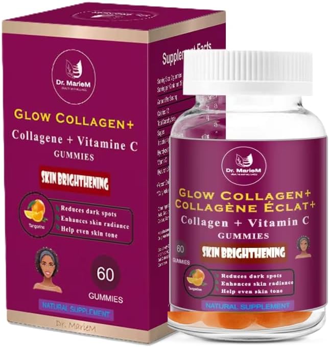 Glow Collagen+ Gummies Supplement – 1000mg Collagen + 500mg Vitamin C for Skin Brightening – Reduces Dark Spots Enhances Radiance and Evens Skin Tone – Tangerine Flavor – 60 Gummies