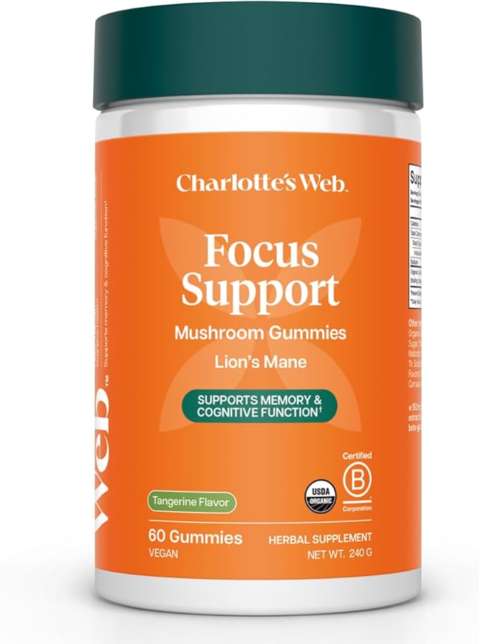 Charlotte's Web Focus Support Mushroom Gummies for Focus and Energy w/Lion’s Mane Natural Cognitive Support Lions Mane Gummies for Adults — Tangerine Flavor (30 Servings)