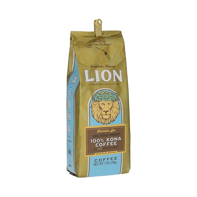 Lion Coffee 24K Gold Roast 100% Kona Whole Bean Coffee Medium-Light Roast A Taste of Aloha - 7 Ounce Bag