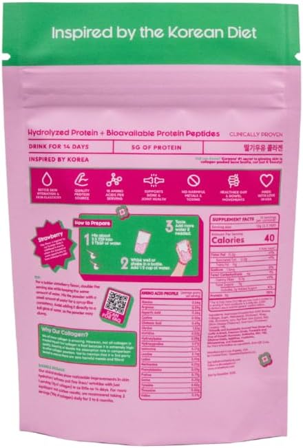 Crushed Tonic Korean Beauty Collagen | Hydrolyzed Bovine Collagen Peptides for Skin Glow Hair &amp Nails | K-Beauty Drink | Gluten-Free Halal &amp Kosher (Strawberry Milk 5 Servings (50 g) Mini