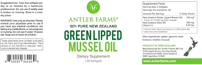Antler Farms - 100% Pure New Zealand Green Lipped Mussel Oil Equiv. to 12500mg 120 Softgels - Powerful 125:1 Extract 2 Month Supply