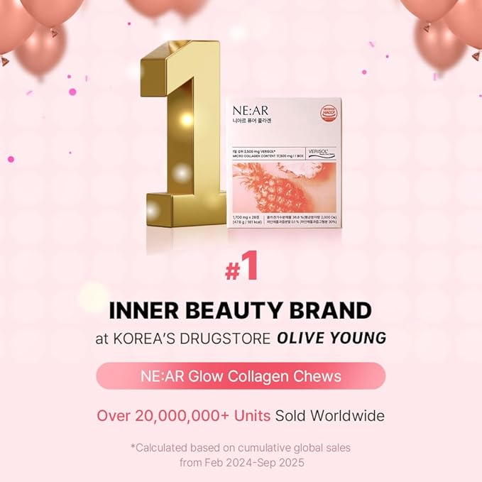 NE:AR Glow Collagen Chews – 2 500mg Peptides with Hyaluronic Acid &amp Vitamin C Tasty Easy Daily Support for Skin Hair Nails Pineapple Flavor
