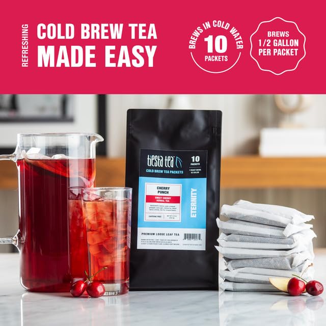 Tiesta Tea - Cherry Punch Cold Brew Loose Leaf Sweet Cherry Herbal Tea Premium Iced Non-Caffeinated Cold Brew Packets Makes 64 oz of Pitcher Per Bag (Pack of 10)