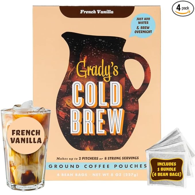 GRADY’S COLD BREW French Vanilla 100% Arabica Ground Coffee &amp Chicory Pouches ONE Box with 4 Easy-to-Brew Bean Bags Makes 12 drinks