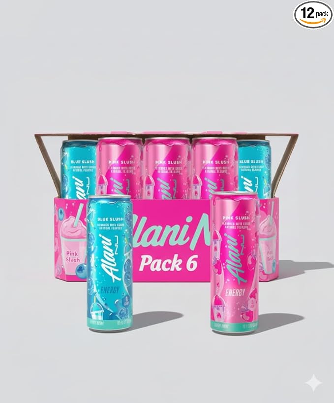 Alani Energy Drinks Assorted Variety Sugar Free Low Calorie Energy Drinks - Pre Workout Performance Zero Sugar 12 Fl Oz Cans ((6 Cans) 12 FL OZ Pink &amp Blue Slush)