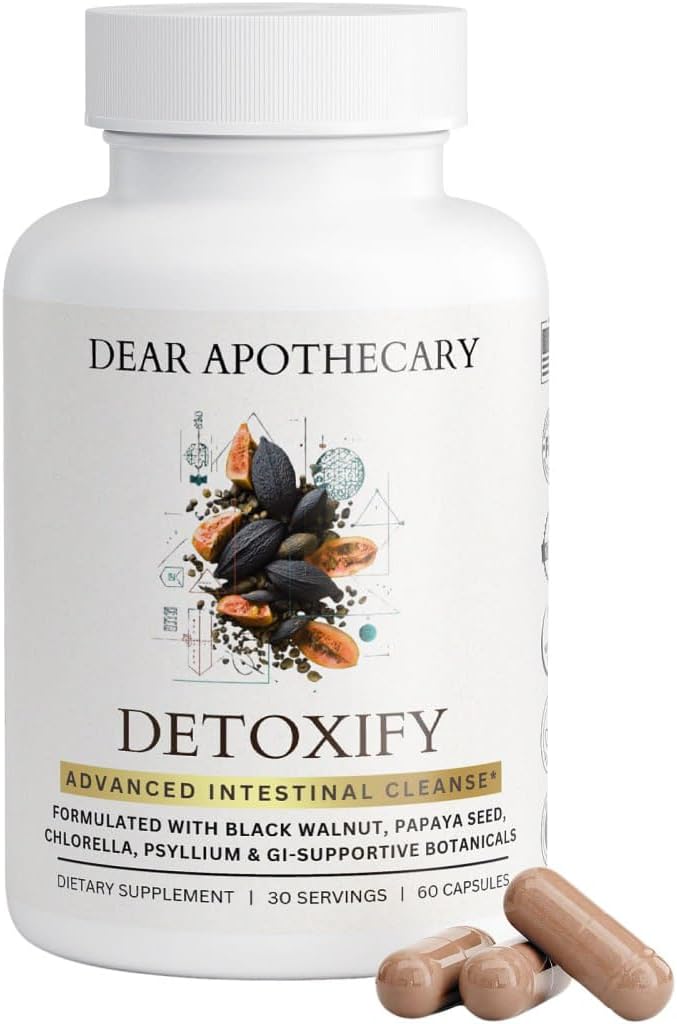 Detoxify Advanced Cleanse - Black Walnut Papaya Seed Herbal Formula - Gut Health Support with Chlorella Psyllium Aloe Fiber - Intestinal Wellness Blend - Vegan Non-GMO Gluten-Free - 60 Capsules
