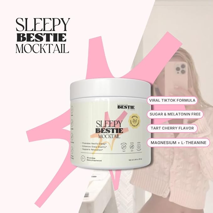 Sleepy Bestie Mocktail for Women &amp Men - Magnesium Citrate &amp Glycinate Powder for Sleep Calm Support Supplement with L-Theanine &amp Tart Cherry Extract Gluten Free - 2.96 oz