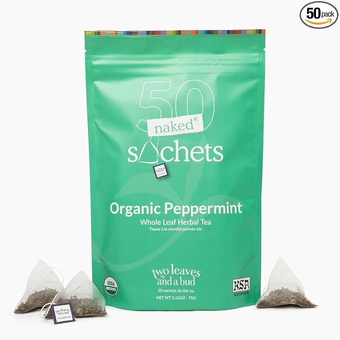Two Leaves and a Bud Organic Peppermint - 50 Naked Tea Sachets Naturally Caffeine Free Whole Leaf Herbal Tea in Eco-Friendly Unwrapped Compostable Sachets Resealable Bag 50 Count (Pack of 1)