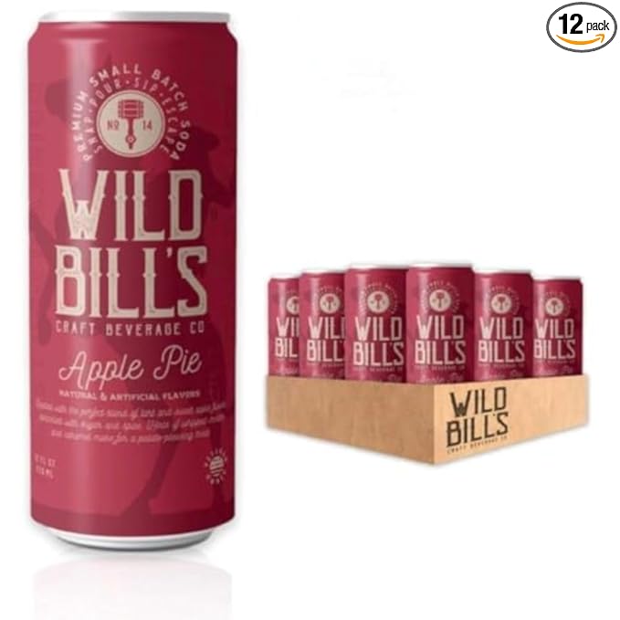 Wild Bill's Apple Pie Soda Classic Craft Soda Pop Soft Drinks Sodas Made with Pure Cane Sugar Caffeine Free NO High Fructose Corn Syrup Gluten Free Vegan Low Sodium 12 Oz 12 Pack
