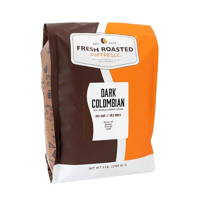 Fresh Roasted Coffee100% Dark Colombian 5 lb (80 oz) Med-Dark Roast Whole Bean Kosher