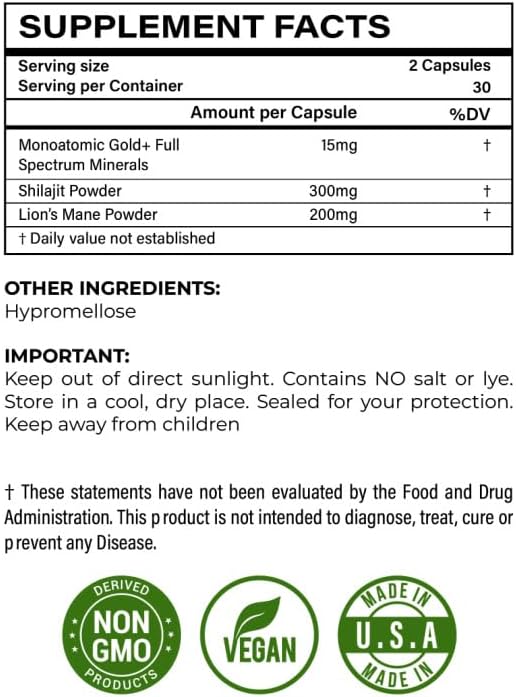 I Am Joy co. Ormus Shilajit Lion's Mane - Ultimate Brain Power! Monoatomic 24k Gold - The Only Blend of Its Kind for Energy Memory &amp Focus - 60 Vegan Capsules