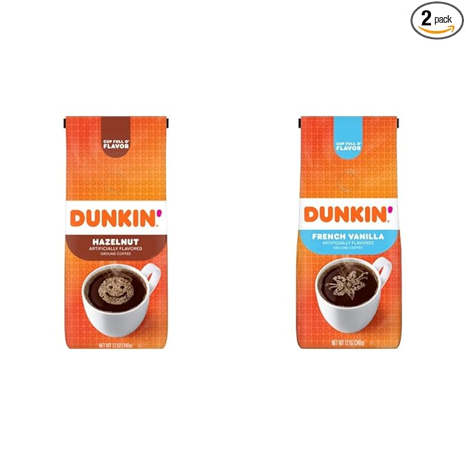 Dunkin' Hazelnut Flavored Ground Coffee and French Vanilla Flavored Ground Coffee 12 Ounces