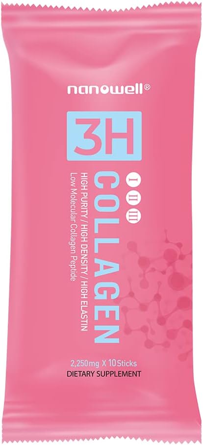 NANOWELL 3H Collagen Peptide Powder - Types I II &amp III with Vitamin C Hydrolyzed Elastin Peptide &amp Hyaluronic Acid - Supports Hair Skin Nails Joints &amp Bones - 60 Sticks 30 Day Suppl