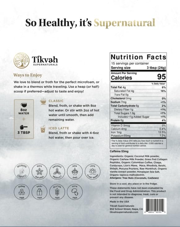 Tikvah Supernatural Coffee + Cream adaptogen &amp mushroom infused instant non-dairy caffe latte