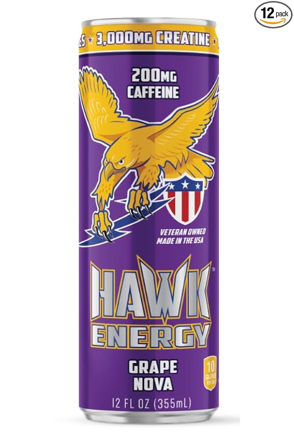 HAWK ENERGY PERFORMANCE - GRAPE NOVA - Premium Sugar Free Energy Drink - 12 Pack - 12 oz cans - Focus and Power - 3000 mg Creatine 200mg Caffeine BCAA's B6/B12 Taurine and L-Carnitine 100% Vetera