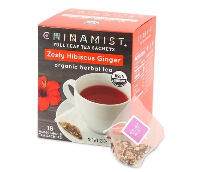 China Mist Zesty Hibiscus Ginger Organic Herbal Tea 15 tea satchets (6-pack)