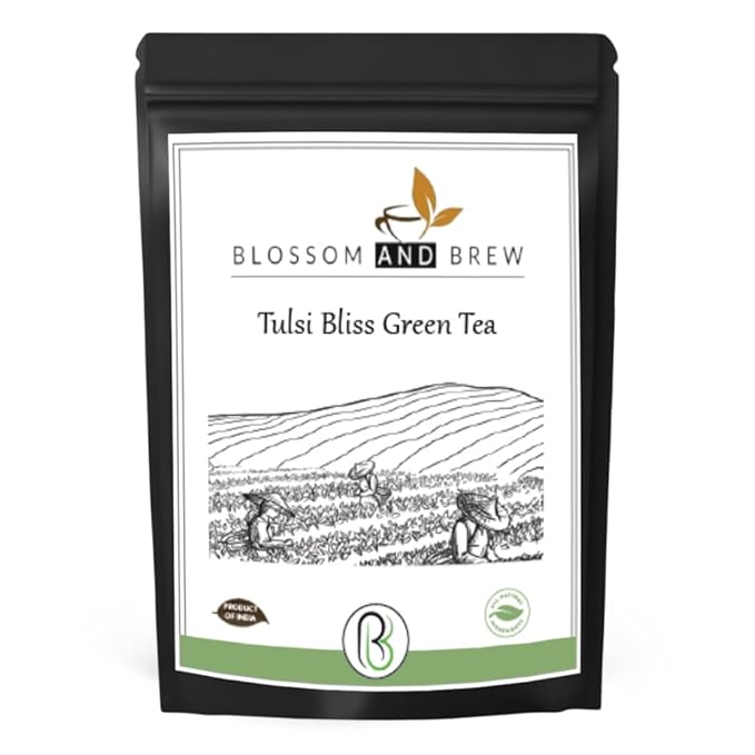 Blossom &amp Brew Tulsi Bliss Green Tea (2.46oz) Loose Leaf Premium Herbal Green Tea Green Loose Leaf with Tulsi/Basil Leaves Natural Ingredients Brew Hot or Iced