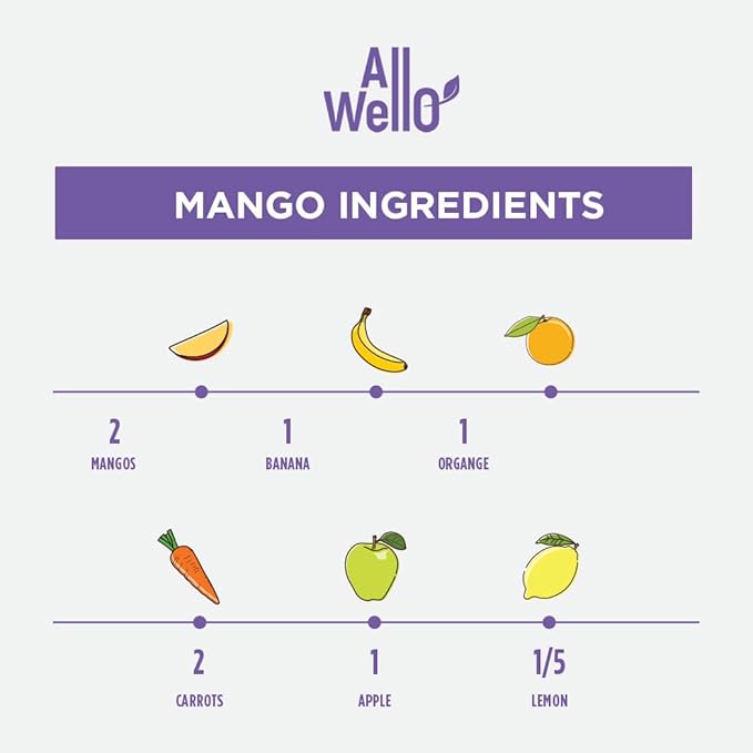 AllWellO Organic Cold Pressed Juice Drinks with Real Fruits and Vegetables Gluten Free Non-GMO Healthy Juices No Preservatives No Sugar Added (Mango Power 12 Pack)
