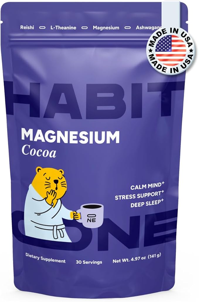 Magnesium Mushroom Cocoa with Ashwagandha &amp Reishi - Adaptogens Blend - Zinc L-Theanine L-Glycine Chamomile Jujube &amp Cinnamon - Made in USA - 30 Servings